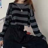 New Korean Style Cropped Vintage Oversize Knit Jumper Autumn Long Sleeve O-neck Pullover Sweater